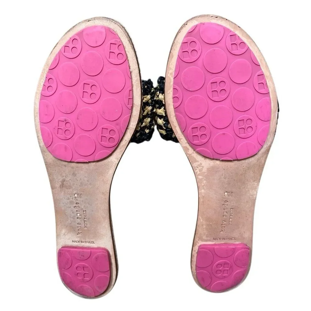 Kate Spade New‎ York Navy Raffia and Gold bow leather slide sandals women’s 9